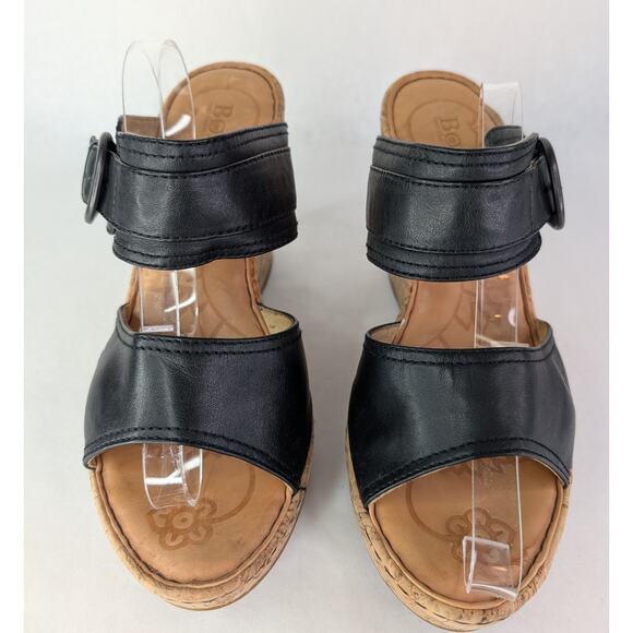 BORN Emmy Platform Wedge Sandals Black Leather Leather 10M - Picture 6 of 10